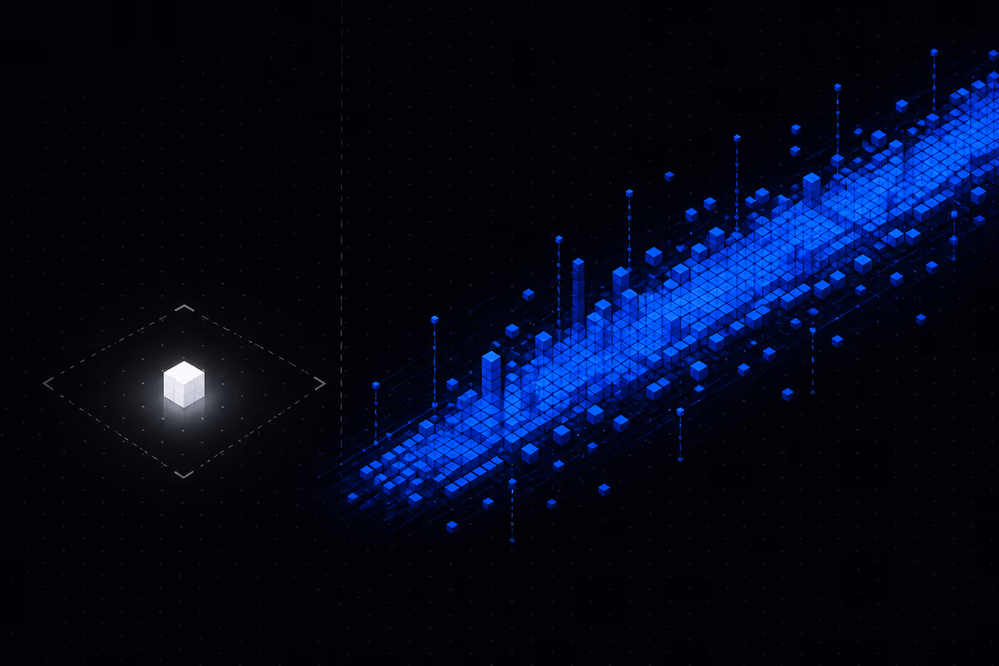 A single lone white cube representing one annual test, contrasted against a dense continuous stream of blue cubes flowing across the frame