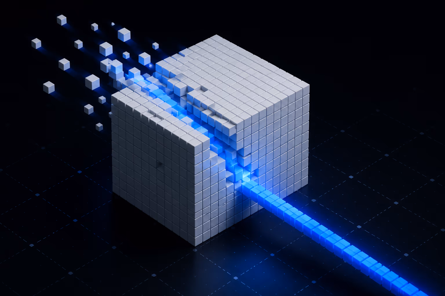 A large white voxel cube representing an encrypted cipher block cracking open along a diagonal seam, pried apart by a bright blue beam of voxel cubes.