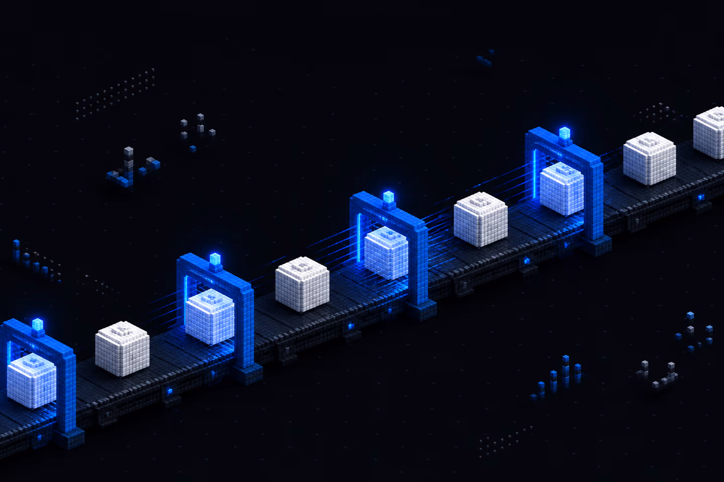 An isometric conveyor of white voxel commit cubes flowing through electric-blue scanning gates, each deploy passing a security check in line