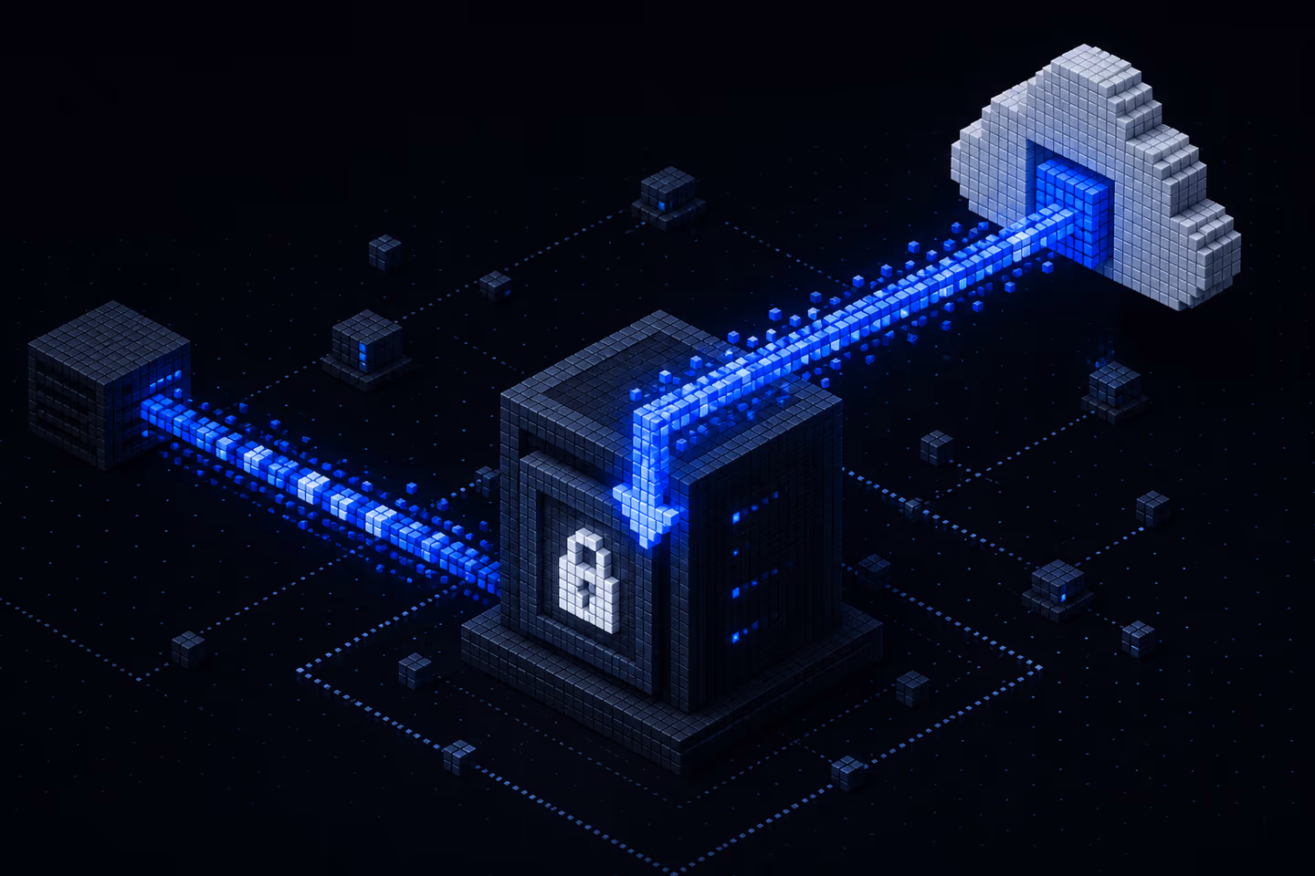 A stream of voxel cubes bending back inward from a cloud toward a locked server vault, depicting a request redirected to an internal metadata endpoint