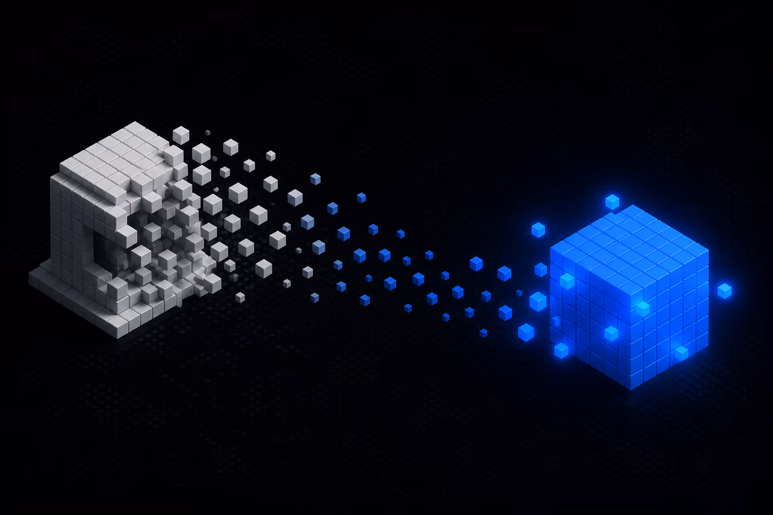 A white voxel cube structure dissolving into a stream of small cubes that reassemble into a larger glowing blue cube, representing Hex Security becoming Parameter