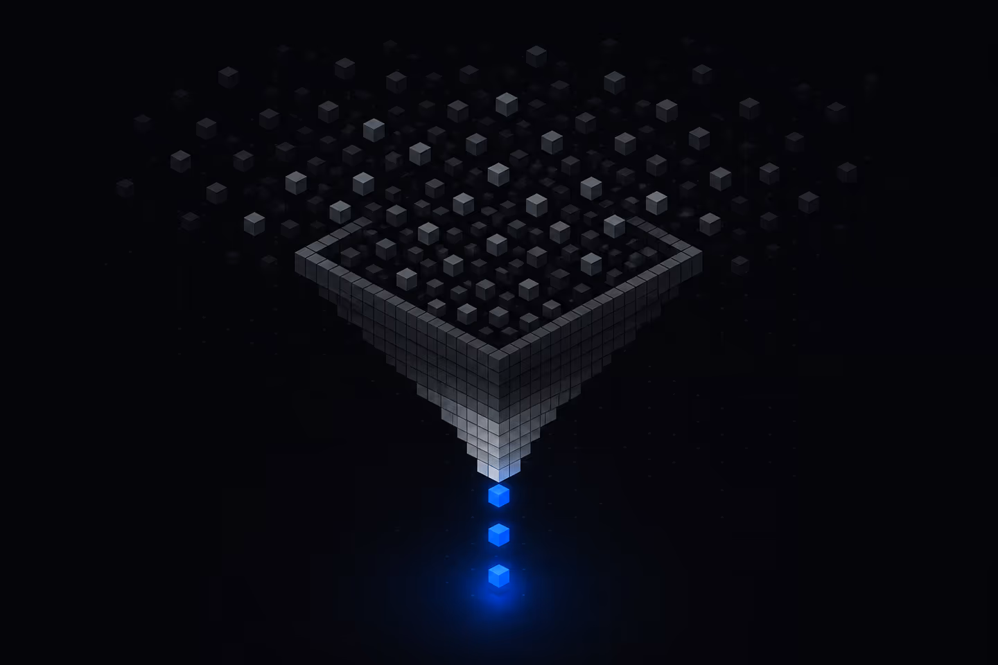 Many faint scattered cubes entering the top of a funnel, converging into a few solid glowing cubes at the bottom.