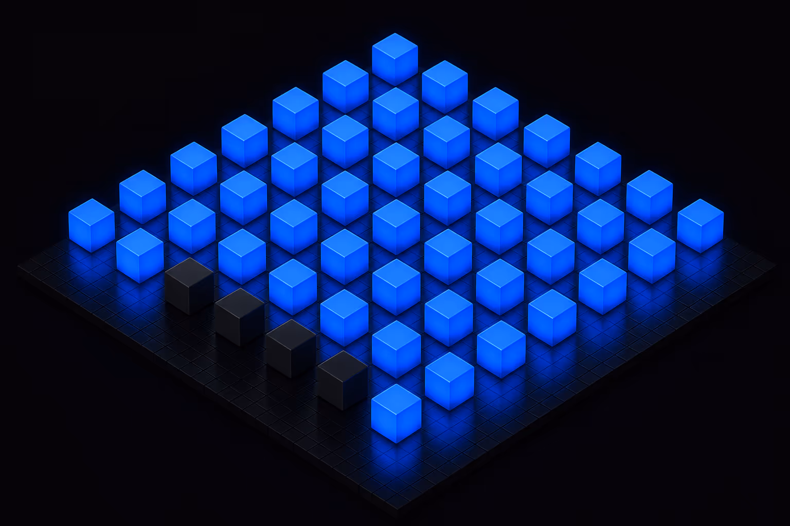A grid of small cubes on a dark floor, most lit bright blue and a few left dark and unlit in one corner.