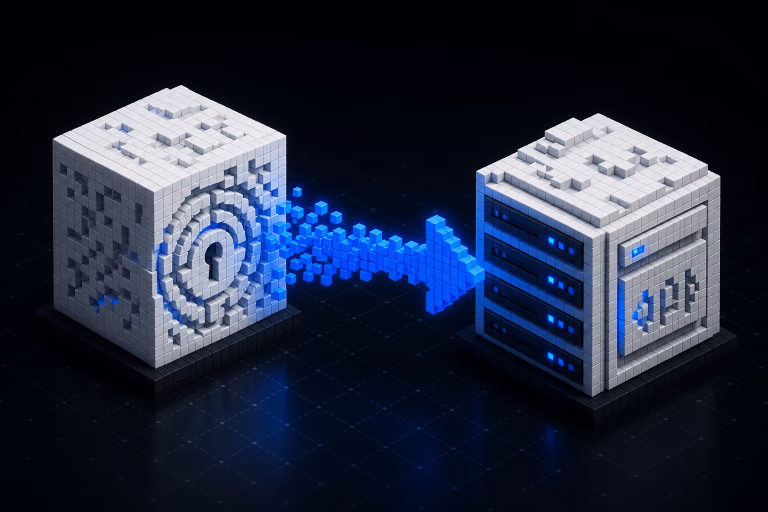 A white voxel cube etched with a lock glyph on the left, connected by a stream of blue voxel cubes to a white voxel server-and-API cube on the right.