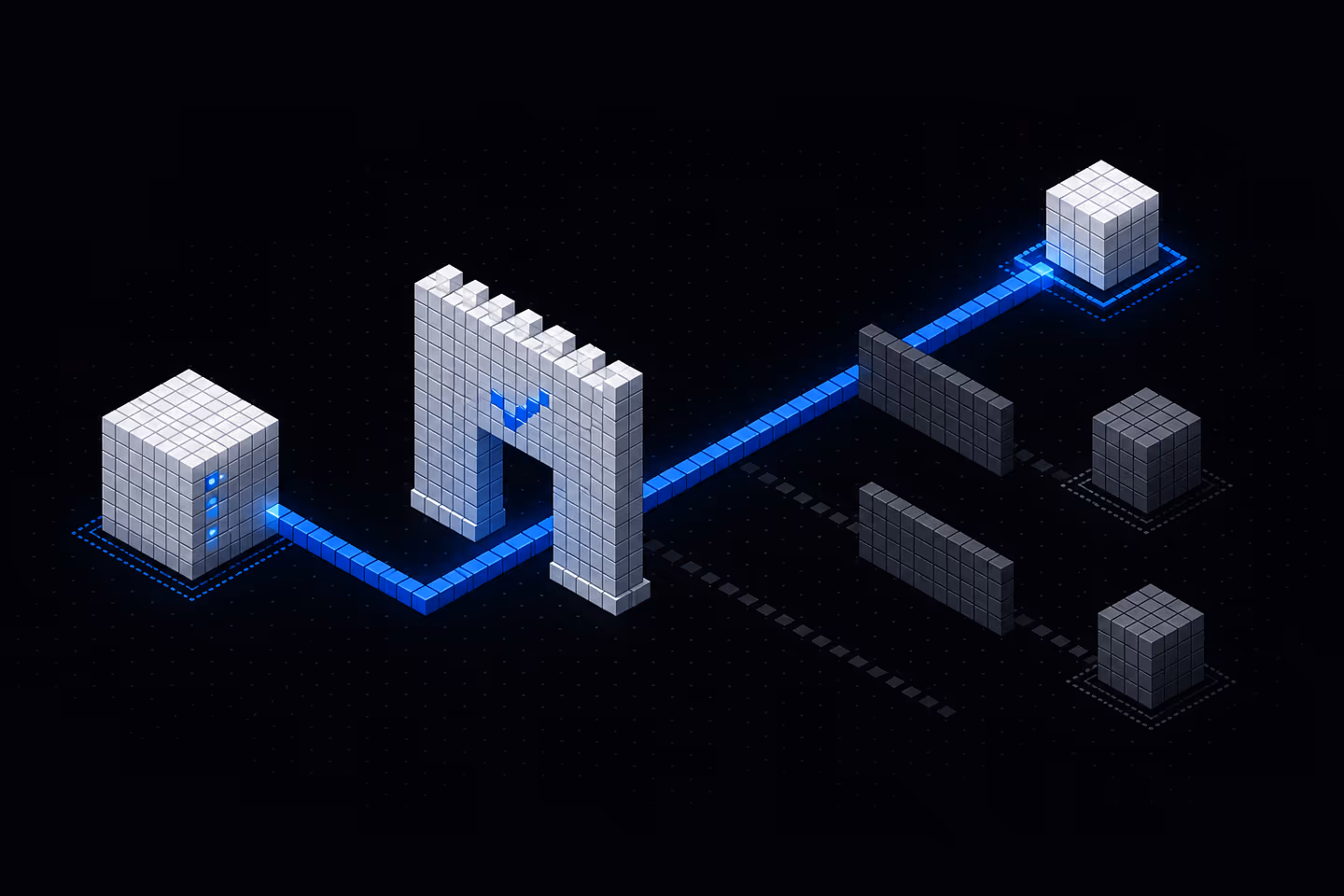 A server whose only open path passes through a gate to one allowed destination, with other destinations blocked behind walls.